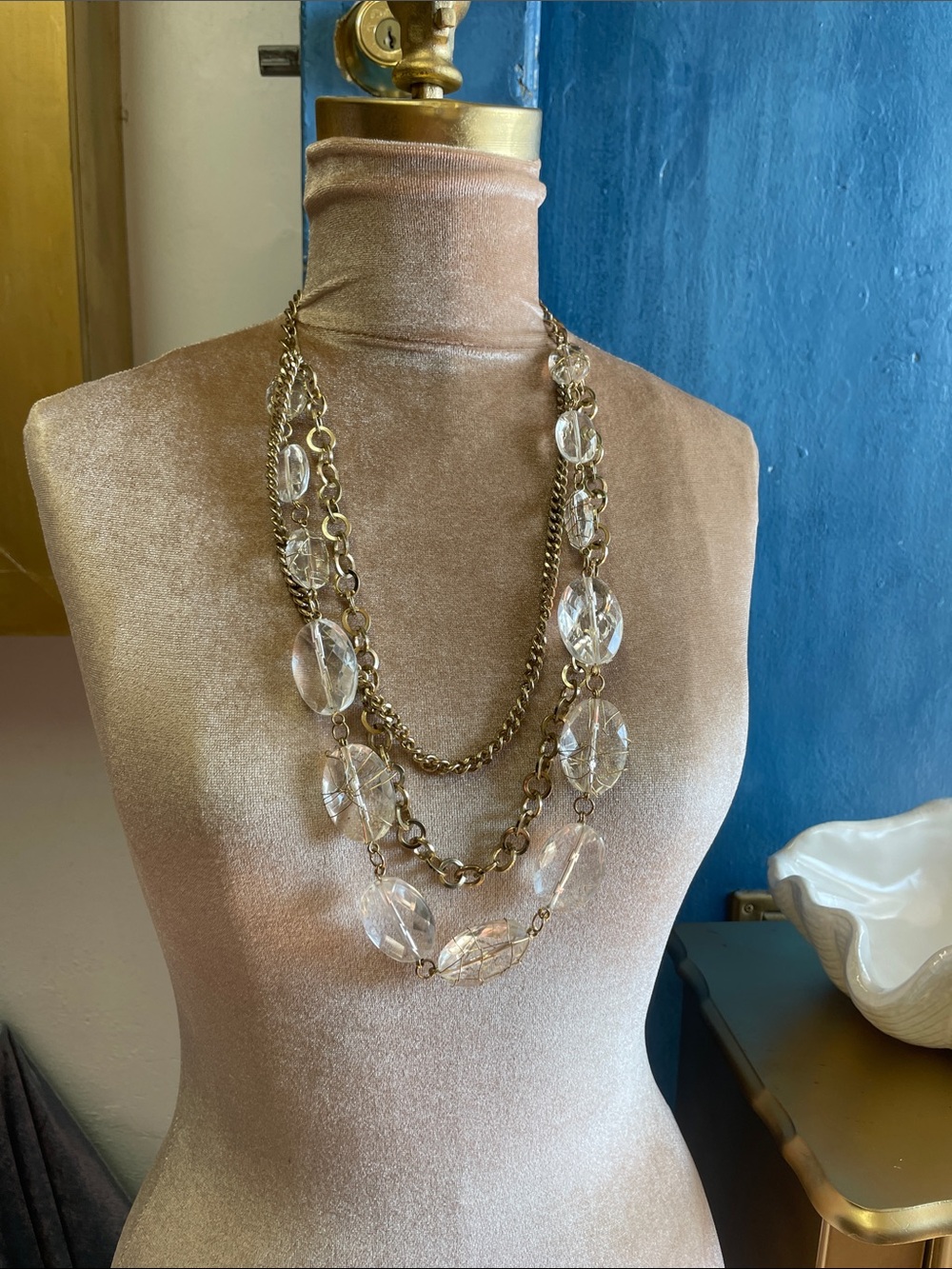 Multi-Strand Clear Crystal and Gold Chain Necklace - Elegant Women's Jewelry